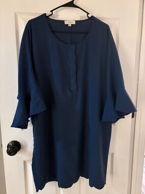 Umgee 1X Plus Sized Navy Blue Tunic Dress with Scalloped Details